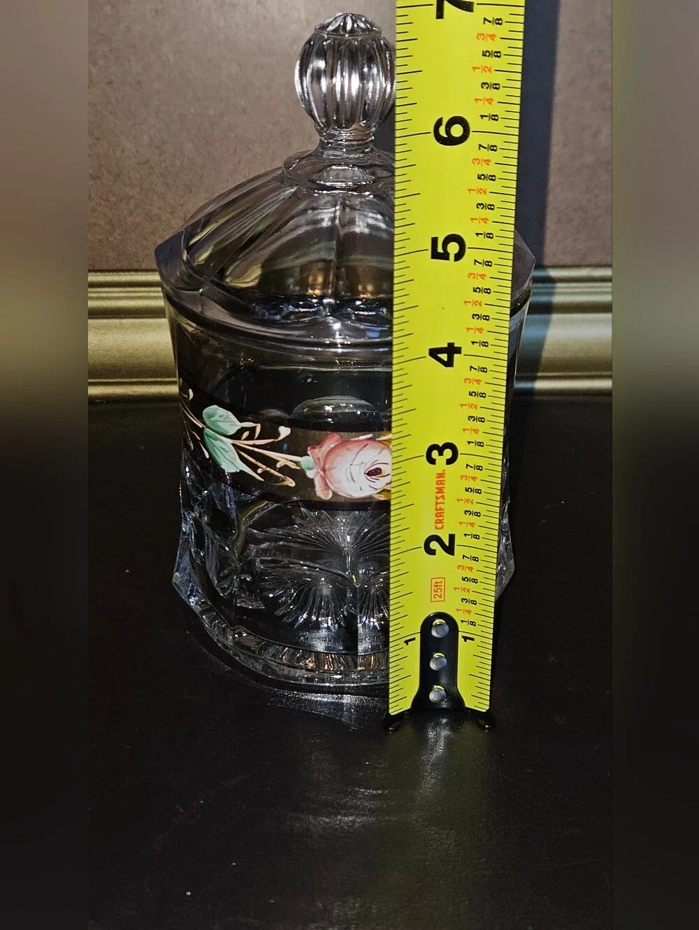 Vintage Duncan Miller Decorative Glass Candy Jar with Gold Tone Floral Band